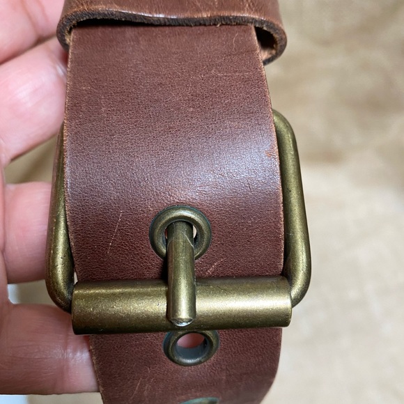 Genuine Leather Brown Belt Distressed Brass Studded Ring Made in Italy Size S - Picture 8 of 11